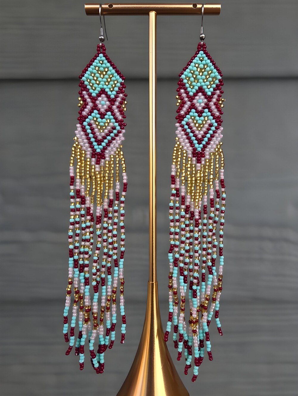 Long Southwestern Boho Beaded Fringe Earrings Handmade Seed Bead - Red Pink